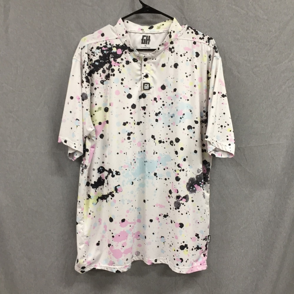Greater Half Mens XL Paint Splatter Performance Polo Shirt White Multicolor GH‎